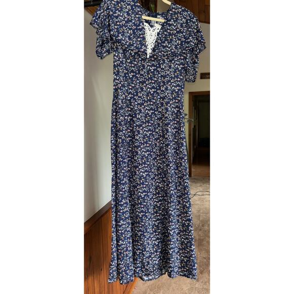 GUNNE SAX Womens Navy Blue Floral Long Prairie Cottage Short Sleeve Vtg Dress‎ - Picture 3 of 16